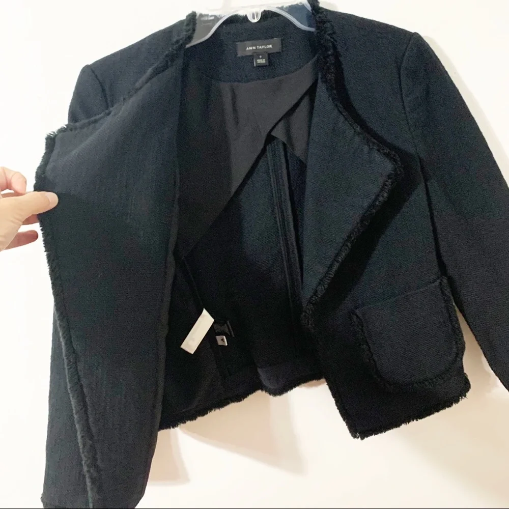 Ann Taylor Cotton Blend Open Front Long Sleeve Crop Waist Blazer Raw Hem Detail